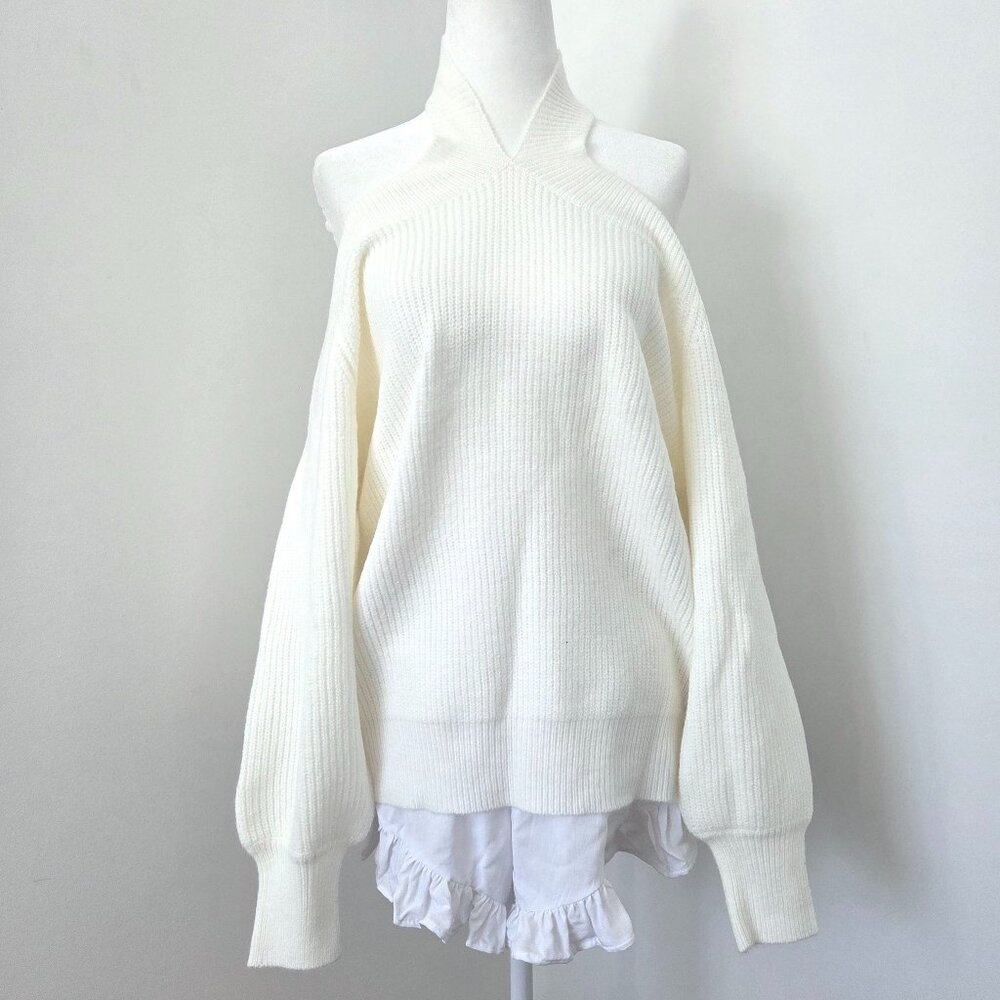 Forever 21 White Off the Shoulder Sweater Large NWT Crisscross Ribbed Coquette